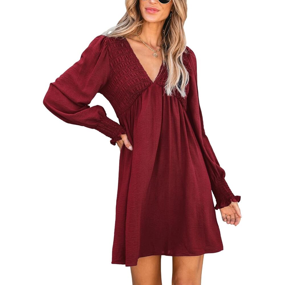 Cupshe Maroon Burgundy Smocked Long Sleeve Lightweight V Neck Dress XL New NWT